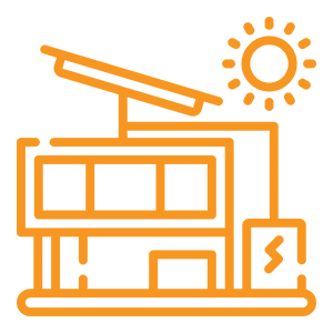 Solar-powered house line icon with sun.