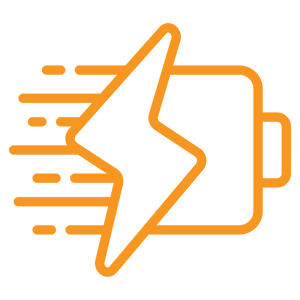 Orange fast charging battery icon on black.