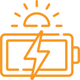 Sun charging a battery icon in orange.